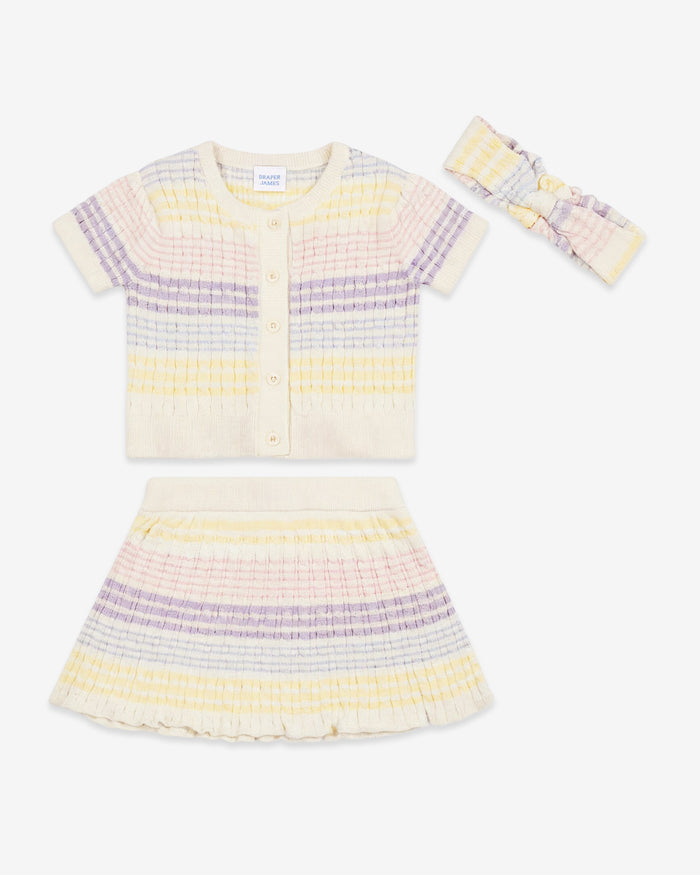 Sweater Knit Skirt Set with Headband in Striped Pastel