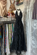 Sweet Black Halter A-Line Chiffon&Tulle Open Back Prom Dresses Birthday Dresses