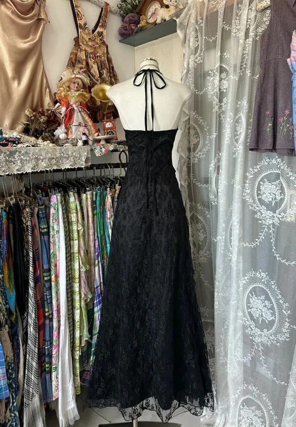 Sweet Black Halter A-Line Chiffon&Tulle Open Back Prom Dresses Birthday Dresses