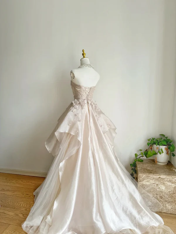 Sweet Pink A-line Tulle Satin Long Prom Dresses Strapless Applique Wedding Dresses