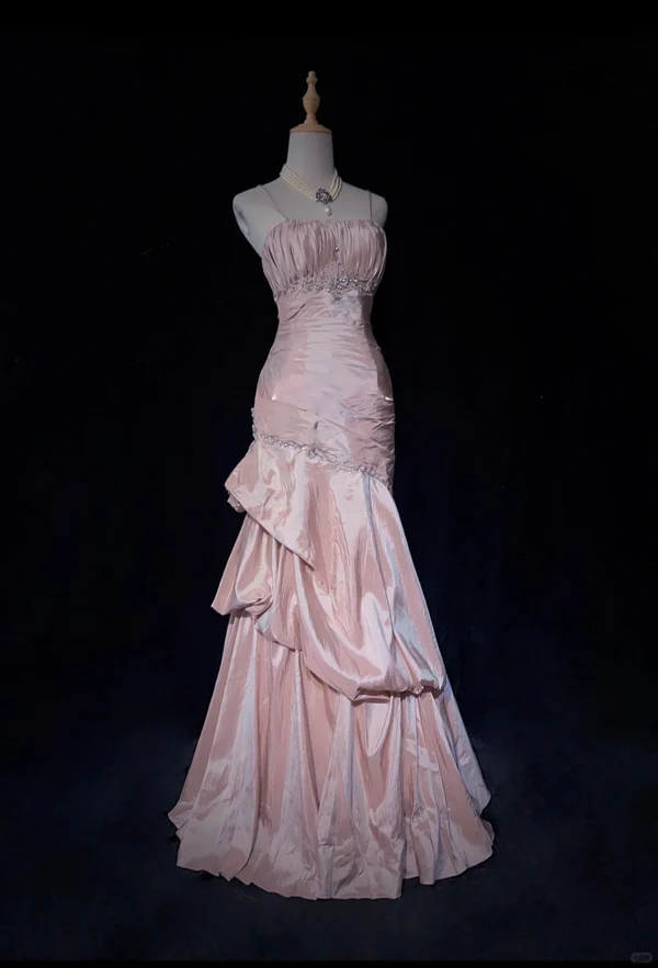 Sweet Spaghetti Straps Mermaid Evening Dress Pink Satin Layered Pleated Prom Dress with Beading