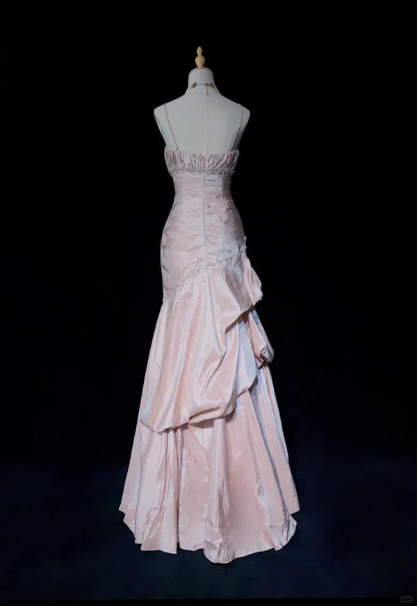 Sweet Spaghetti Straps Mermaid Evening Dress Pink Satin Layered Pleated Prom Dress with Beading