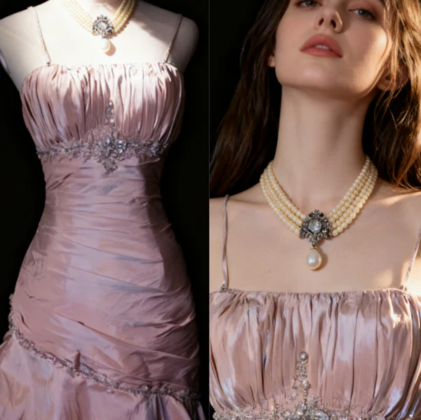 Sweet Spaghetti Straps Mermaid Evening Dress Pink Satin Layered Pleated Prom Dress with Beading