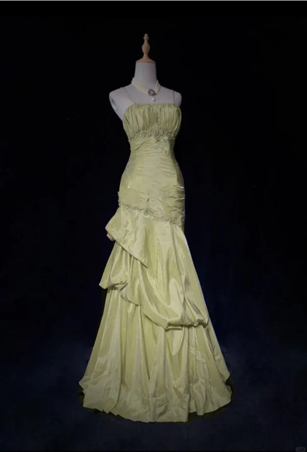 Sweet Spaghetti Straps Mermaid Evening Dress Pink Satin Layered Pleated Prom Dress with Beading