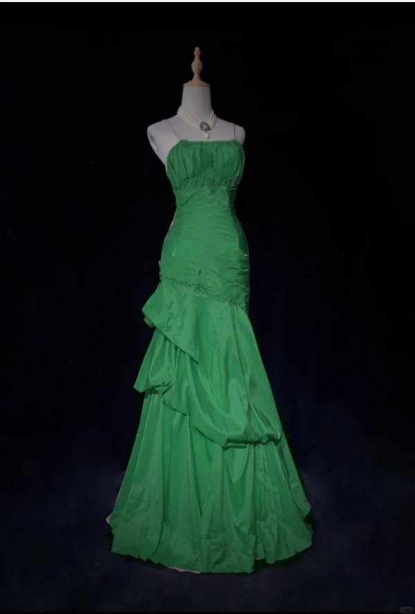 Sweet Spaghetti Straps Mermaid Evening Dress Pink Satin Layered Pleated Prom Dress with Beading