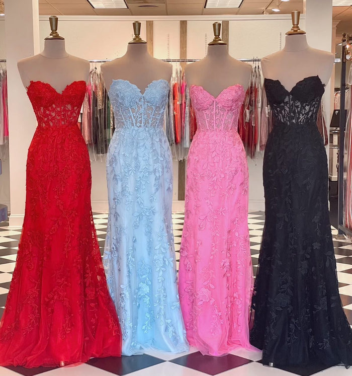 Sweetheart Hot Pink Lace Appliques Prom Dress