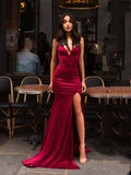 Sweetheart Neck Burgundy Mermaid Prom Dress with Leg Slit, Burgundy Mermaid Formal Graduation Evening Dresses
