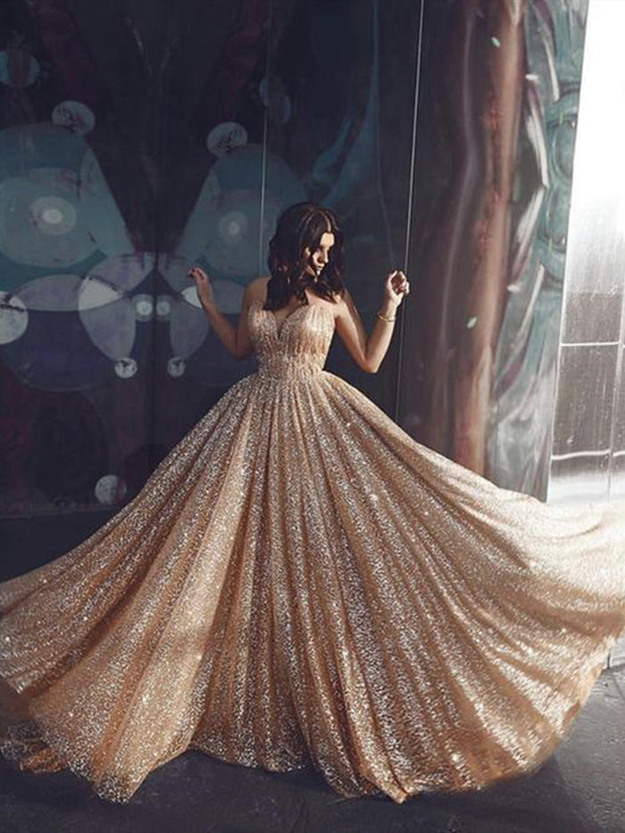 Sweetheart Neck Spaghetti Straps Gold Sequins Prom Dresses, Golden Formal Dresses, Graduation Dresses