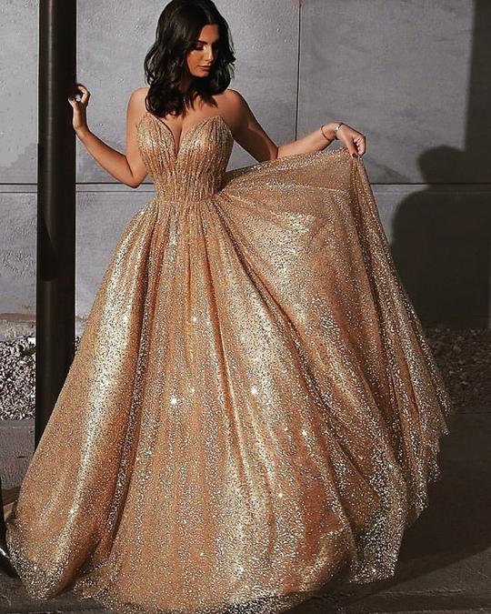 Sweetheart Neck Spaghetti Straps Gold Sequins Prom Dresses, Golden Formal Dresses, Graduation Dresses