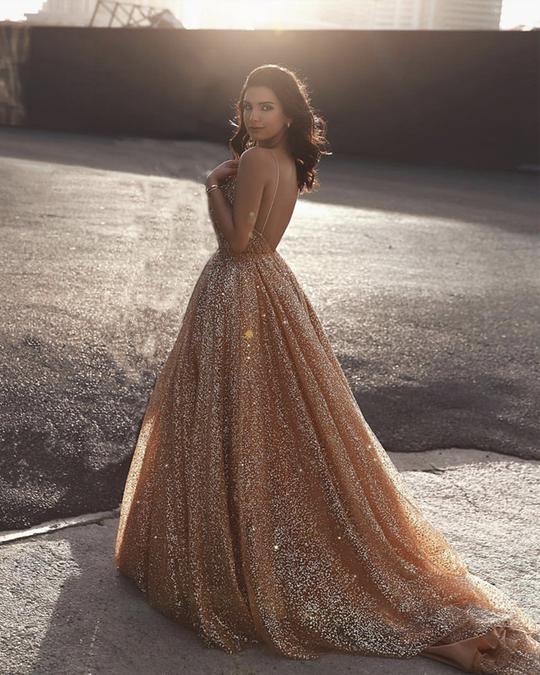 Sweetheart Neck Spaghetti Straps Gold Sequins Prom Dresses, Golden Formal Dresses, Graduation Dresses