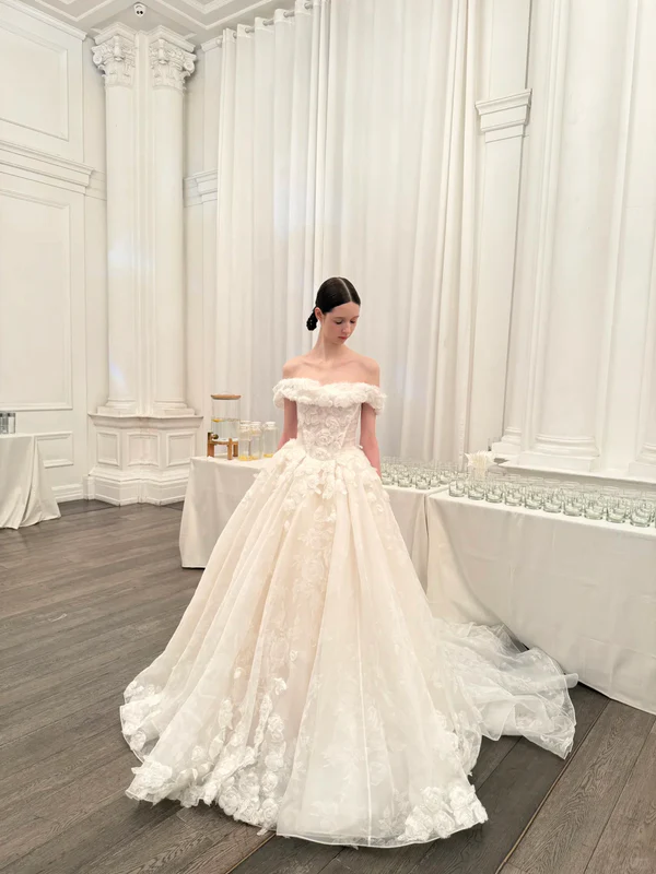 Sweety Ball Gown Off the Shoulder White 3D Floral Tulle Wedding Dress