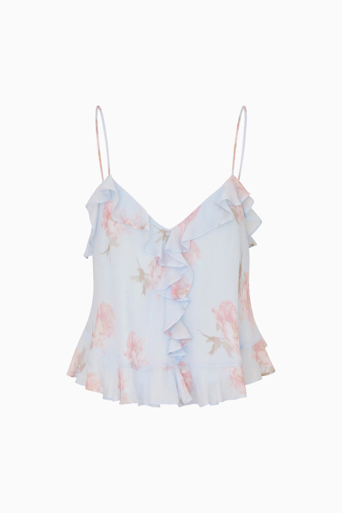 Blue floral print top with thin straps on a white background