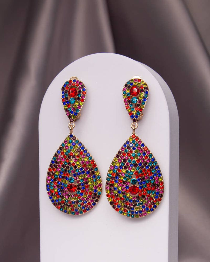 Teardrop Shaped Crystal Pave Clip-On Earrings