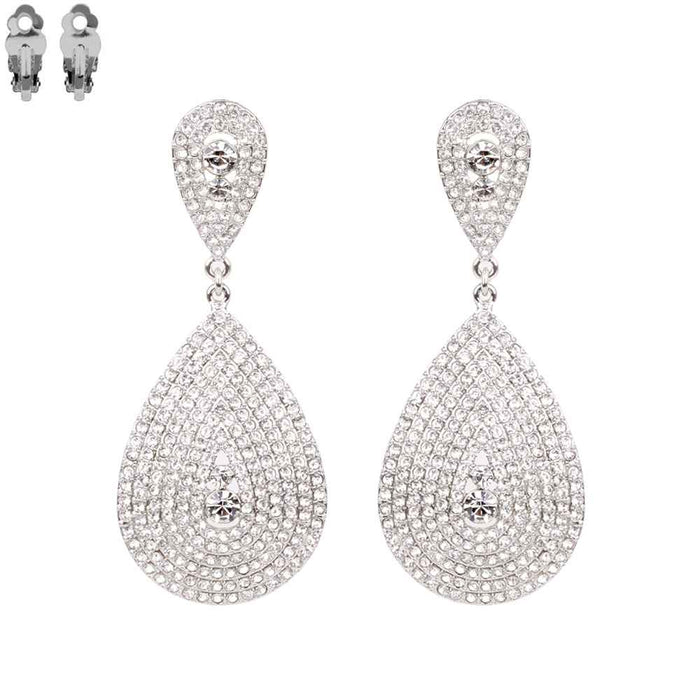 Teardrop Shaped Crystal Pave Clip-On Earrings