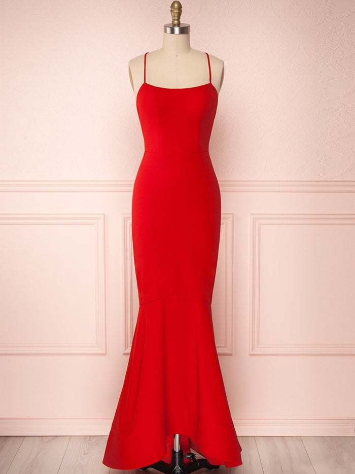 Thin Straps Red Mermaid Prom Dresses, Red Mermaid Formal Graduation Evening Dresses