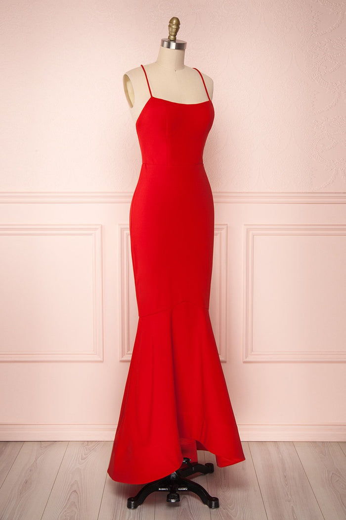 Thin Straps Red Mermaid Prom Dresses, Red Mermaid Formal Graduation Evening Dresses