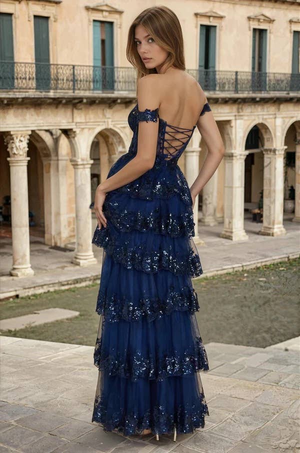 Tiered Prom Dress Off Shoulder Floral Lace with Shimmer