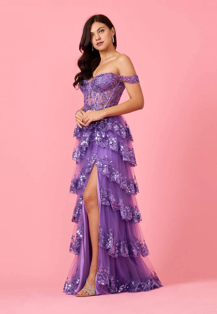 Tiered Prom Dress Off Shoulder Floral Lace with Shimmer