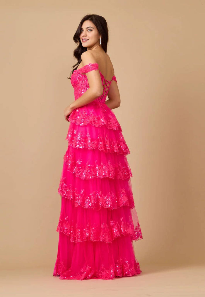 Tiered Prom Dress Off Shoulder Floral Lace with Shimmer