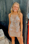 Tight Champagne Sequins and Lace Appliques Homecoming Dress
