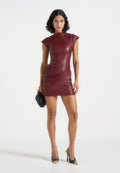 tina-leather-boat-neck-ruched-dress-wine-red