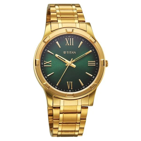 Titan Karishma Quartz Analog Green Dial Golden Stainless Steel Strap Watch For Men - Ashoka Watch Company
