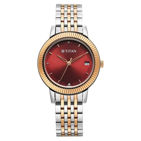 Titan Karishma Quartz Analog Red Dial Two Toned Stainless Steel Strap Watch For Women - Ashoka Watch Company