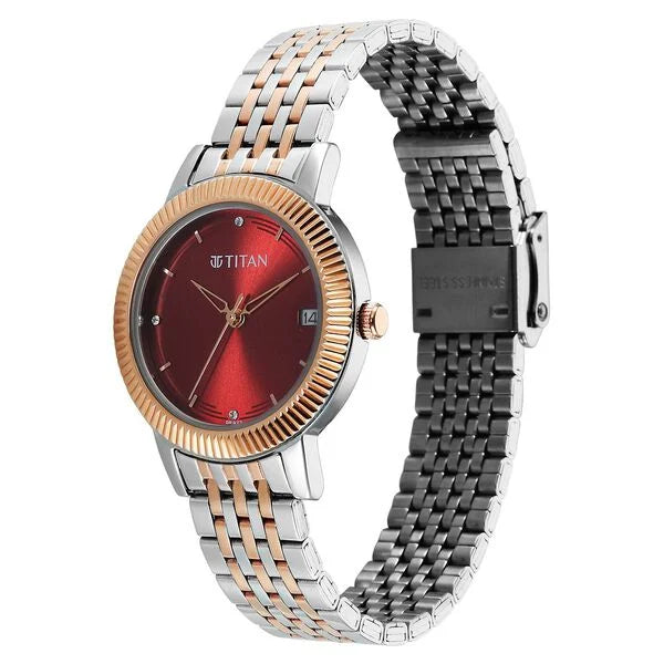 Titan Karishma Quartz Analog Red Dial Two Toned Stainless Steel Strap Watch For Women - Ashoka Watch Company