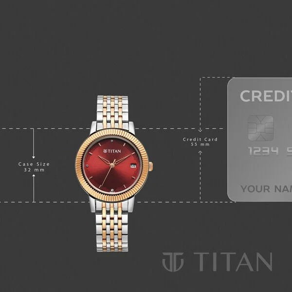 Titan Karishma Quartz Analog Red Dial Two Toned Stainless Steel Strap Watch For Women - Ashoka Watch Company