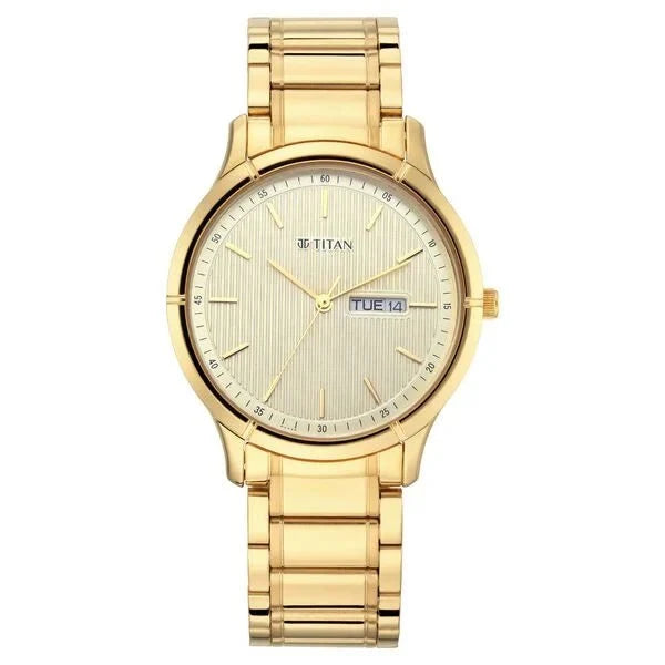 Titan Lagan Yellow Dial Analog with Day and Date Metal Strap Watch for Men - Ashoka Watch Company