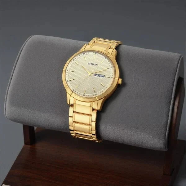 Titan Lagan Yellow Dial Analog with Day and Date Metal Strap Watch for Men - Ashoka Watch Company