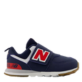 Navy blue children's sneaker with red 'N' logo on a white background