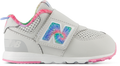 Gray children's sneaker with colorful New Balance logo on a white background
