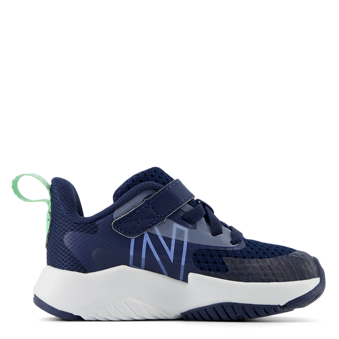 A navy New Balance toddler running shoe with a bungee lace and top strap.