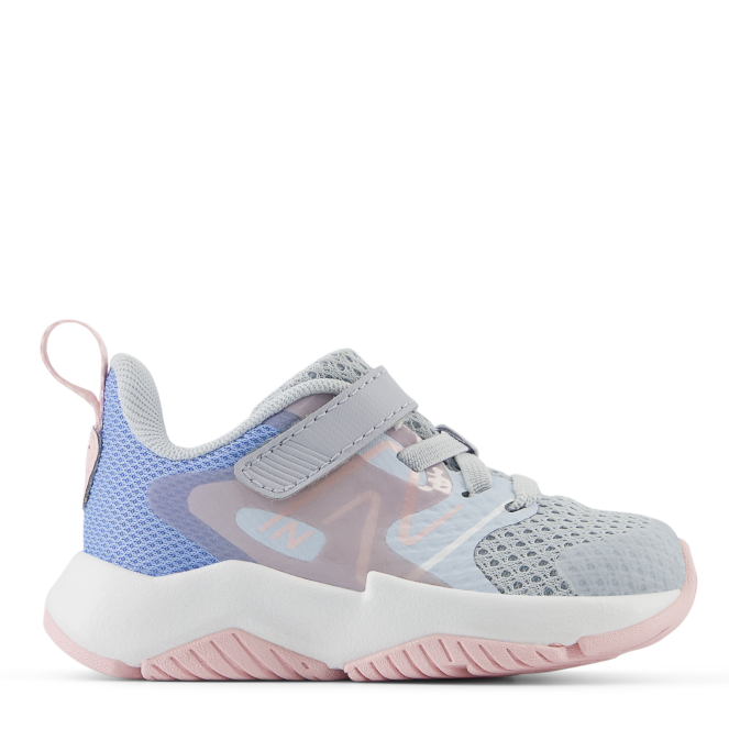 A toddler's sneaker with blue and pink mesh upper, white midsole, and pink bungee lace with a top strap.