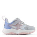 A toddler's sneaker with blue and pink mesh upper, white midsole, and pink bungee lace with a top strap.
