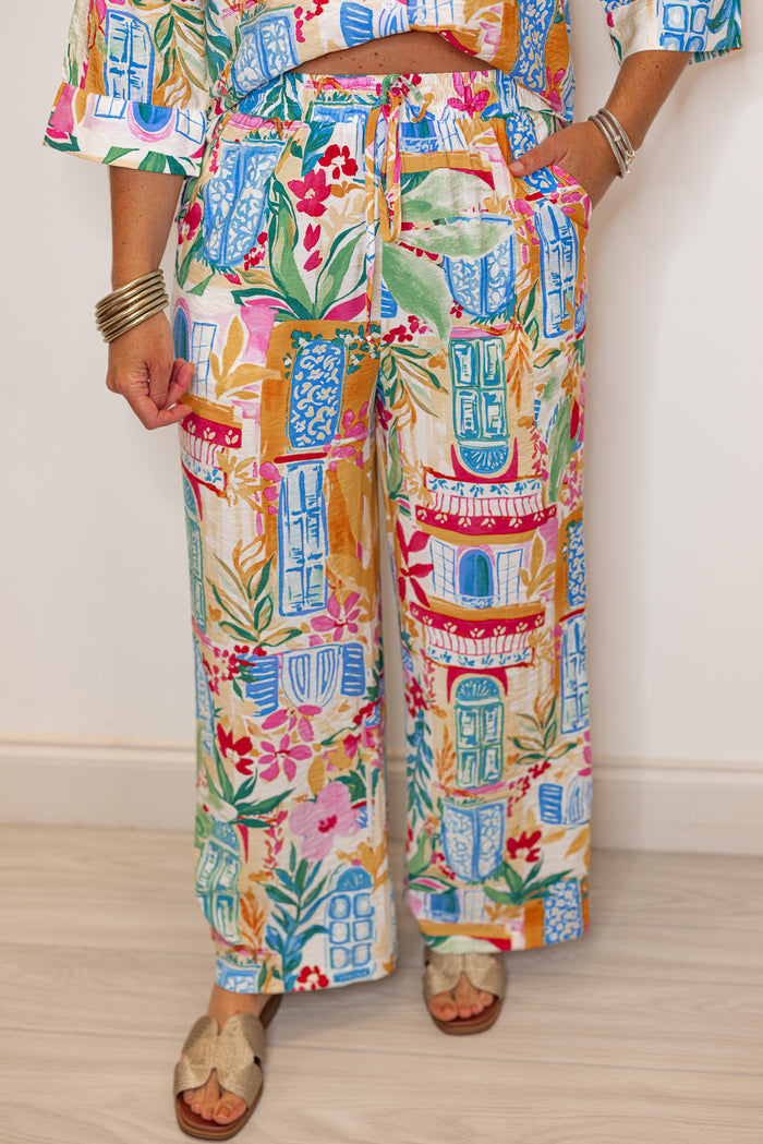 tropical printed wide leg palazzo pants