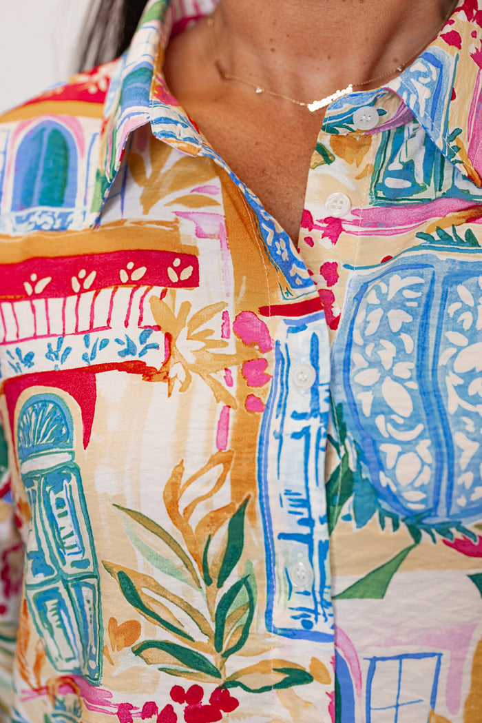 tropical printed linen blend top