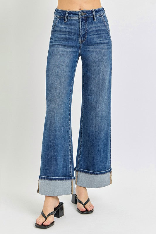 Risen Jeans dark washed denim wide cuffed ankle jeans with tummy control