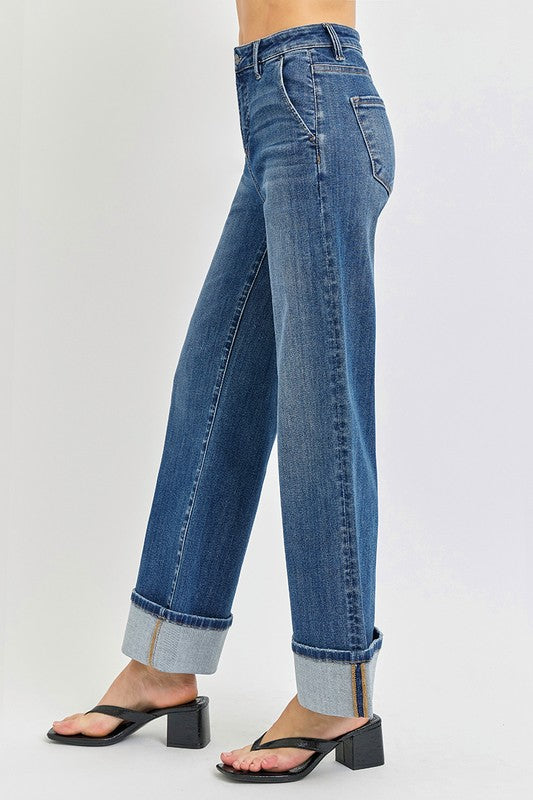 Risen Jeans dark washed denim wide cuffed ankle jeans with tummy control