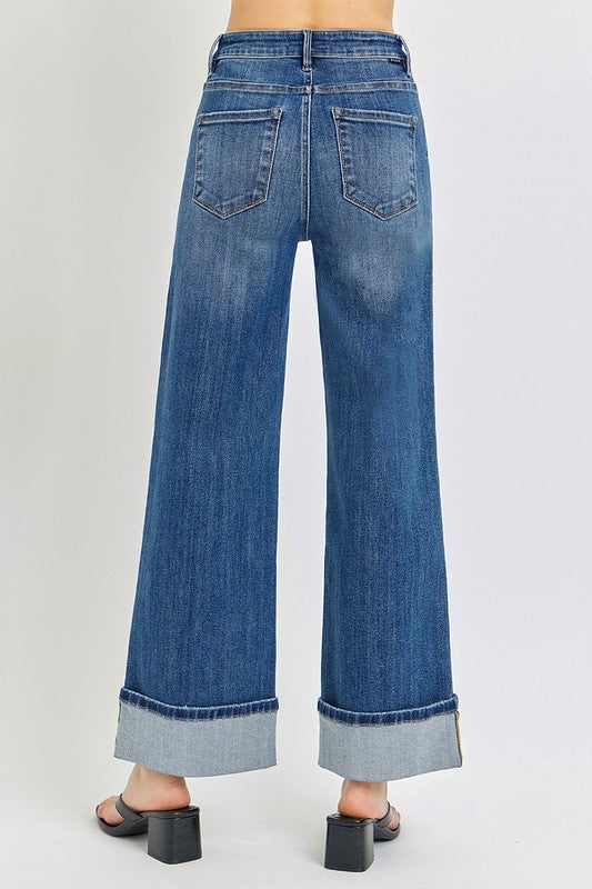 Risen Jeans dark washed denim wide cuffed ankle jeans with tummy control