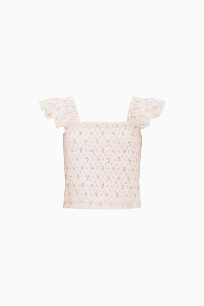 Light pink ruffle sleeve top with floral pattern on a white background