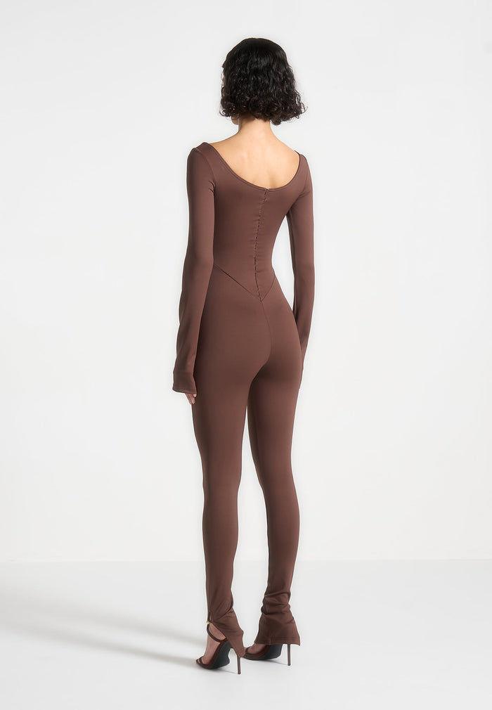 twisted-bust-off-shoulder-jumpsuit-brown