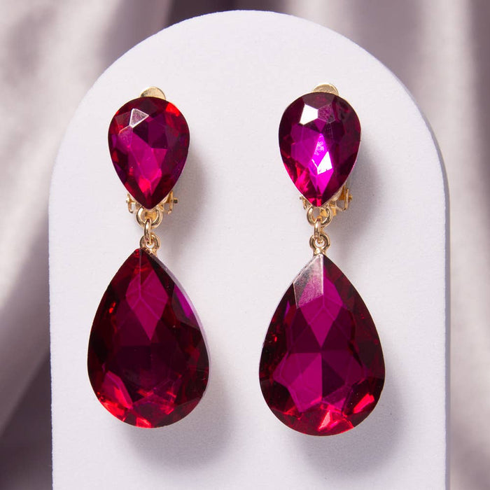 Two-Tier Teardrop-Cut Crystal Dangle Clip-On Earrings