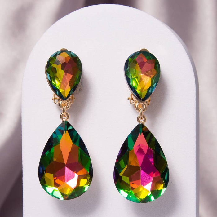 Two-Tier Teardrop-Cut Crystal Dangle Clip-On Earrings