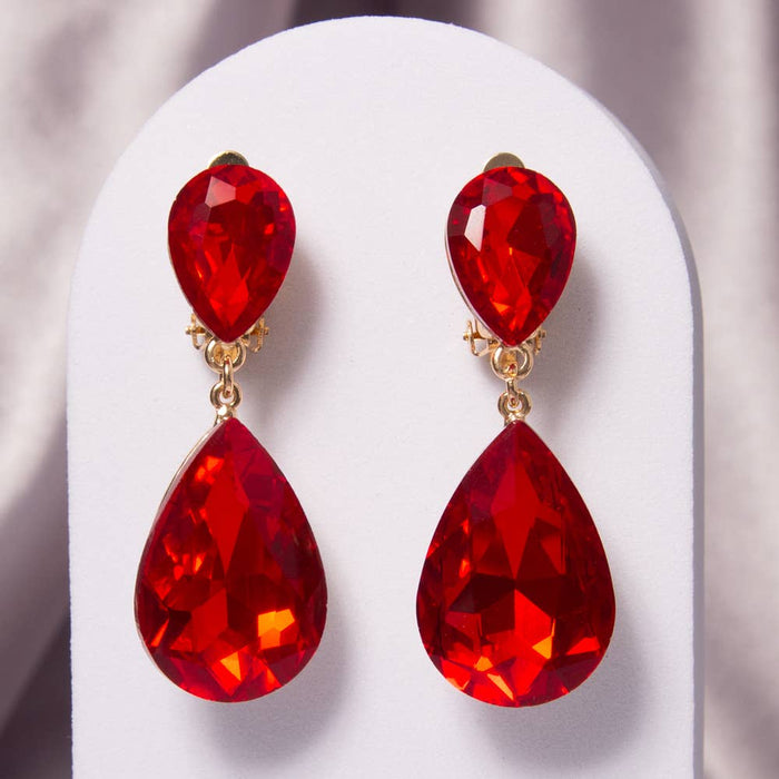 Two-Tier Teardrop-Cut Crystal Dangle Clip-On Earrings