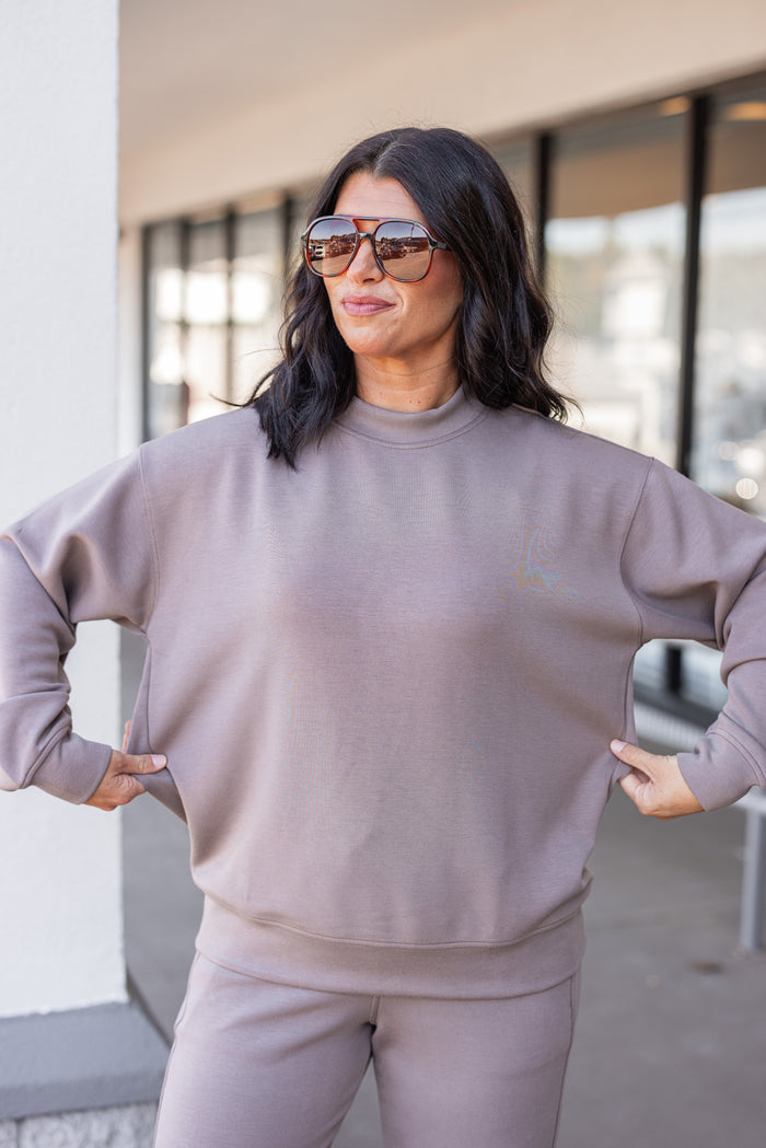 Mocha scuba knit mock neck pullover top by Rae Mode showing true to size fit