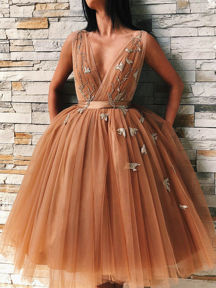 V Neck Backless Floral Champagne Prom Gown, Short Champagne Prom Dresses Graduation Evening Dresses
