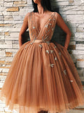 V Neck Backless Floral Champagne Prom Gown, Short Champagne Prom Dresses Graduation Evening Dresses