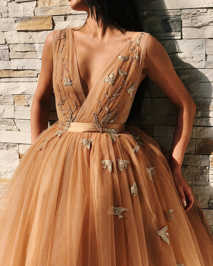 V Neck Backless Floral Champagne Prom Gown, Short Champagne Prom Dresses Graduation Evening Dresses